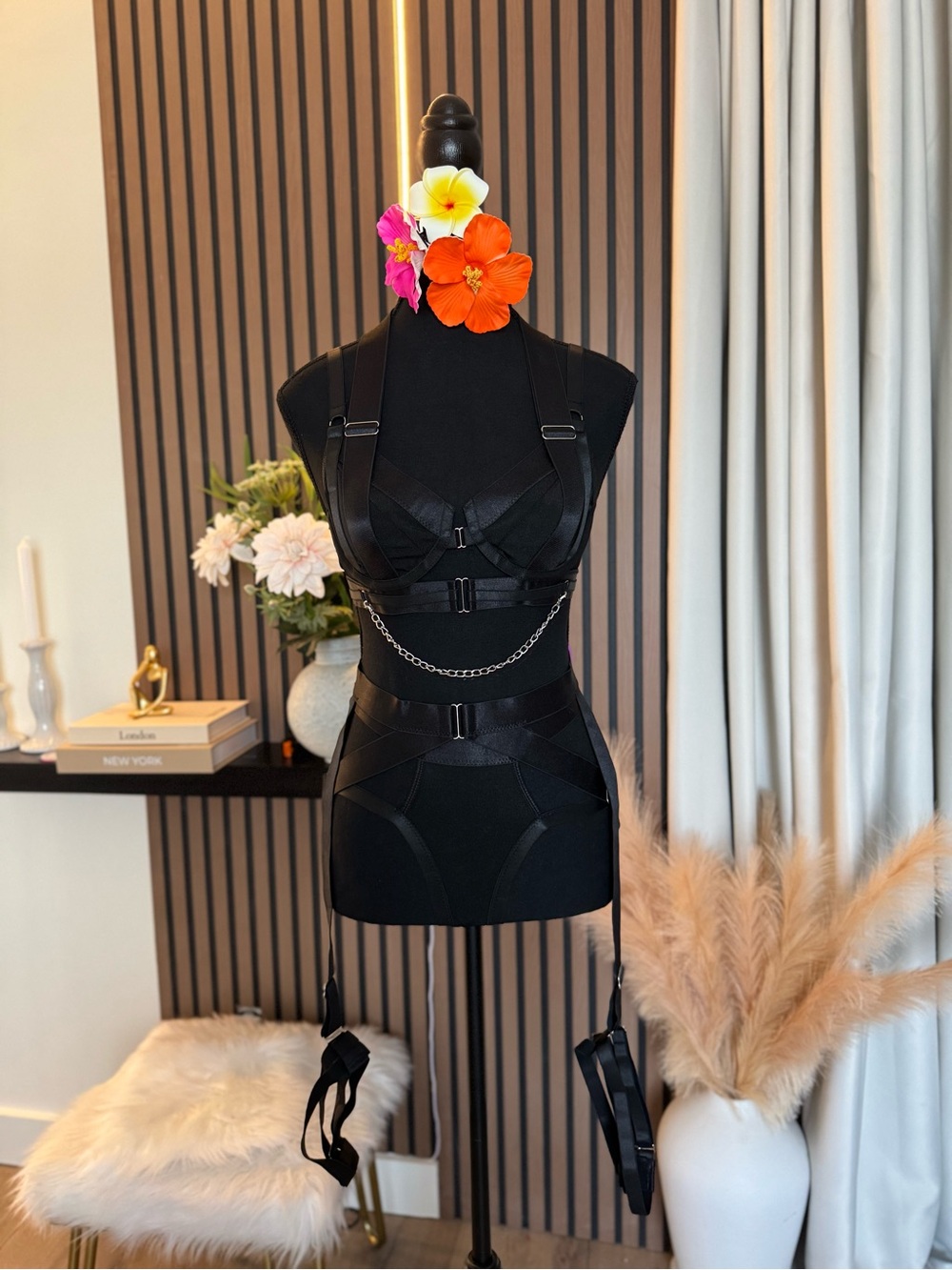 Black Strappy Harness Lingerie with Chain Detail